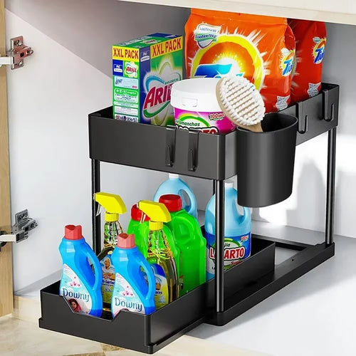 1Pc 2 Tier under Sink Organizer Sliding Cabinet Basket Organizer Storage Rack with Hooks Hanging Cup Bathroom Kitchen Organizer