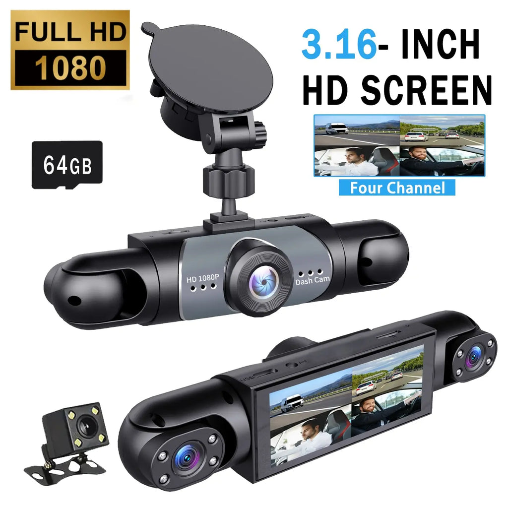 4 Channel 1080P Car Dash Cam 64GB SD Card 24/7 Parking Mode Front Rear Left Right HD Screen Loop Recording Wide Angle G Sensor Accident Evidence Car Safety Recorder Car Gadgets Tech Gifts #Dashcam #FYP #Cartok #Safetyfirst Tiktokshopsprin Driving Camera