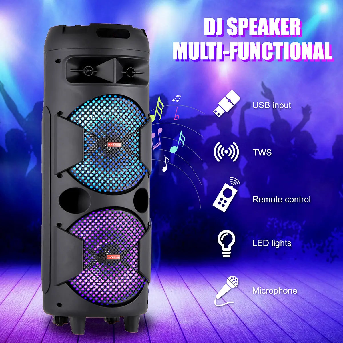 Portable Wireless Bluetooth Speaker Daul 8 Inch Subwoofer Indoor Outdoor Party Sound Box with Microphone Remote Control AUX FM LED