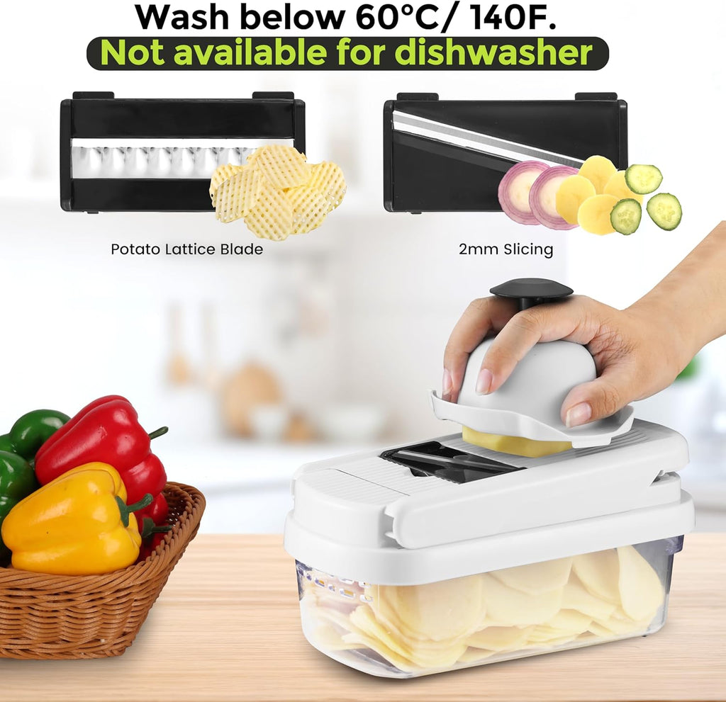 Vegetable Chopper, 12-In-1 Food Veggie Chopper Cutter with Container | 7 Sharp Blades Dice, Slice, Shred and Grate for Salads, Onions and Meal Prep, with a Non-Slip Base and Drain Basket