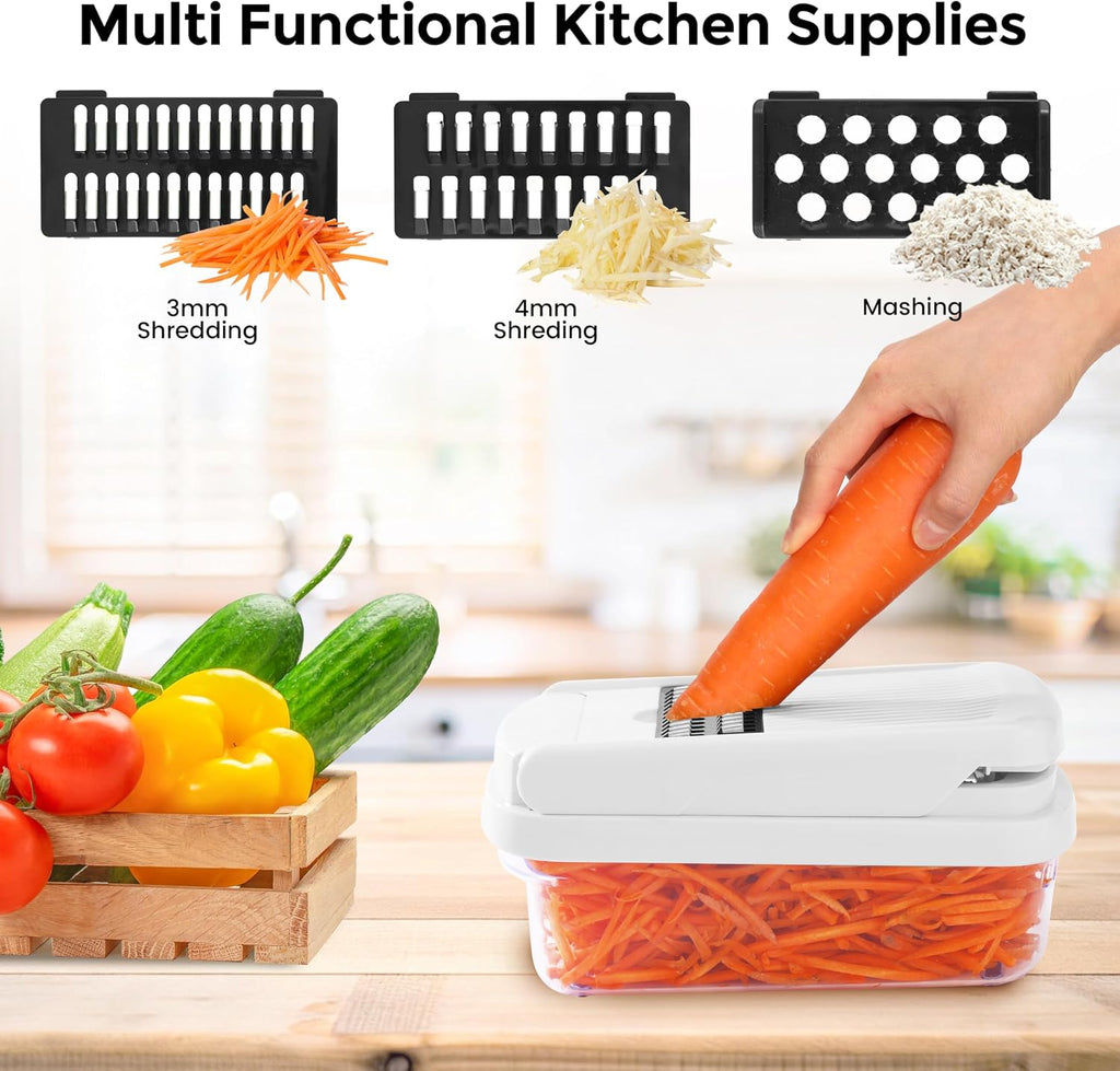Vegetable Chopper, 12-In-1 Food Veggie Chopper Cutter with Container | 7 Sharp Blades Dice, Slice, Shred and Grate for Salads, Onions and Meal Prep, with a Non-Slip Base and Drain Basket