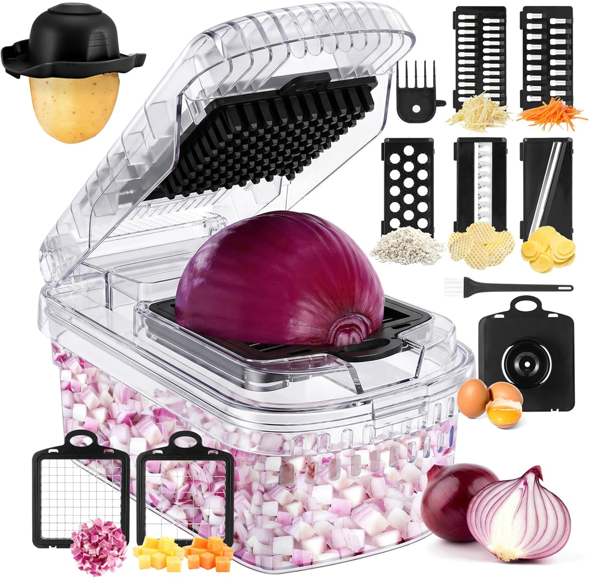 Vegetable Chopper, 12-In-1 Food Veggie Chopper Cutter with Container | 7 Sharp Blades Dice, Slice, Shred and Grate for Salads, Onions and Meal Prep, with a Non-Slip Base and Drain Basket