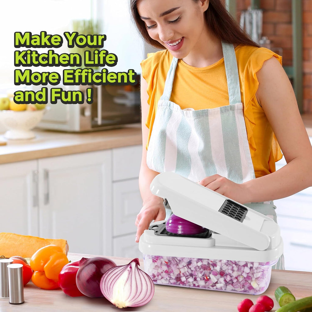 Vegetable Chopper, 12-In-1 Food Veggie Chopper Cutter with Container | 7 Sharp Blades Dice, Slice, Shred and Grate for Salads, Onions and Meal Prep, with a Non-Slip Base and Drain Basket