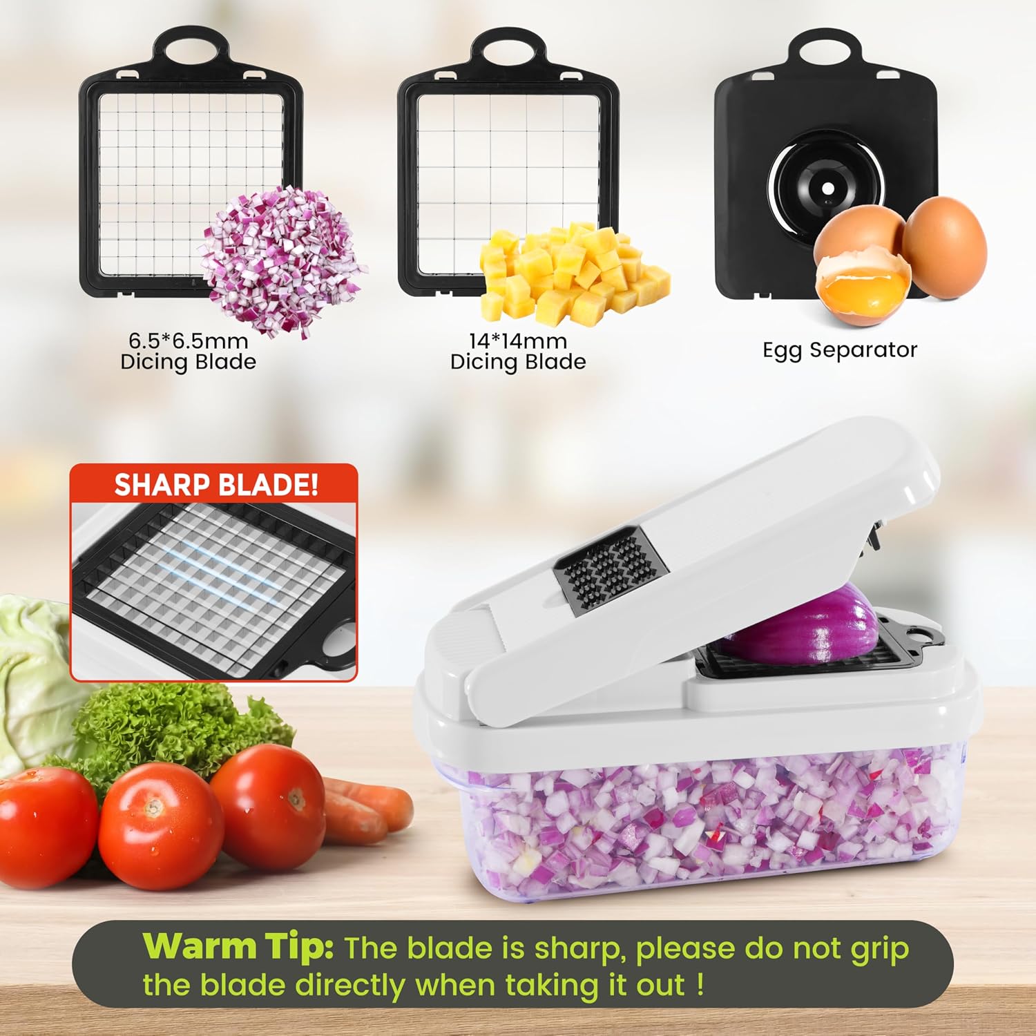 Vegetable Chopper, 12-In-1 Food Veggie Chopper Cutter with Container | 7 Sharp Blades Dice, Slice, Shred and Grate for Salads, Onions and Meal Prep, with a Non-Slip Base and Drain Basket