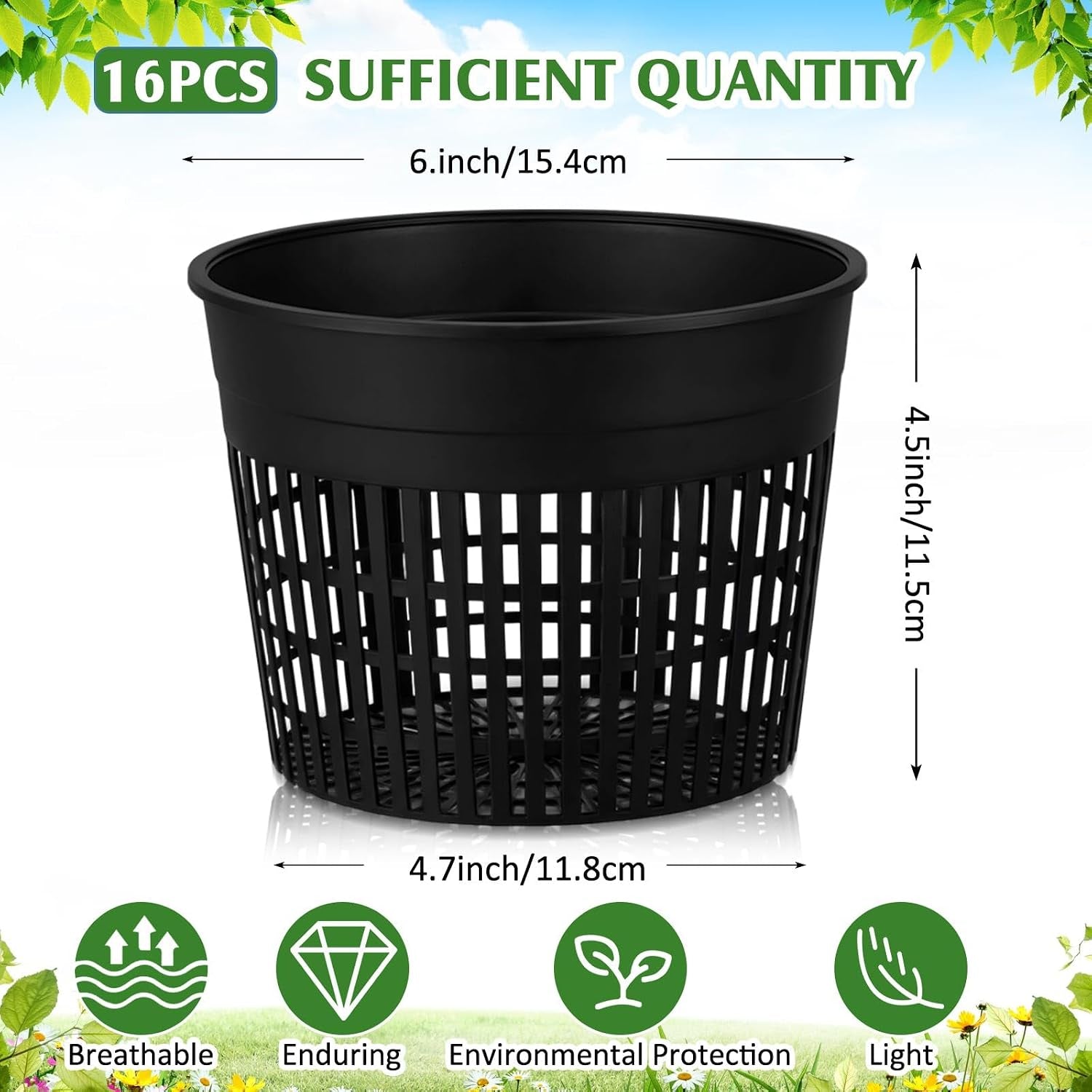16 Pcs Aquatic Plant Pots 6 Inch round Pond Plant Baskets Net Pots for Hydroponics Black Plastic Mesh Pond Containers for Hydroponics Live Aquarium Flowers