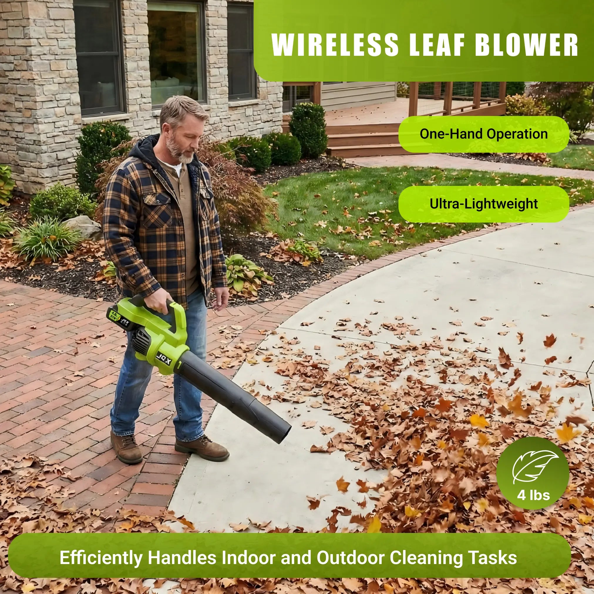 Cordless Electric Leaf Blower/Snow Blower Features a 21V 4000Mah Battery and Quick Charger Turbo Dual-Speed Motor Lightweight Handheld Design with Extended Nozzle Efficiently Clears Leaves, Snow, and Dust