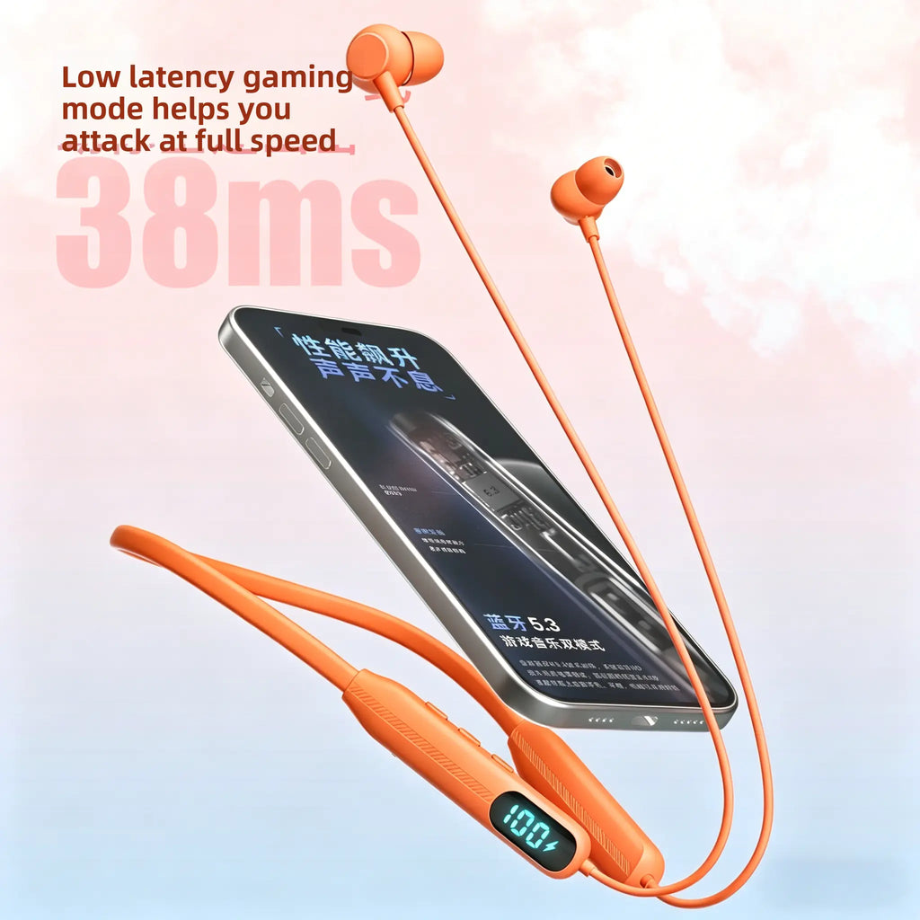 Orange Neckband Wireless Earbuds - IPX4 Sweatproof Silicone In-Ear Audio Headphones, Hi-Fi Sound, LED Battery Display, Magnetic Connection, Cable Management, ENC Noise Cancellation, Smart Voice Assistant for Sports & Hands-Free Calls, Electronic Headset,F