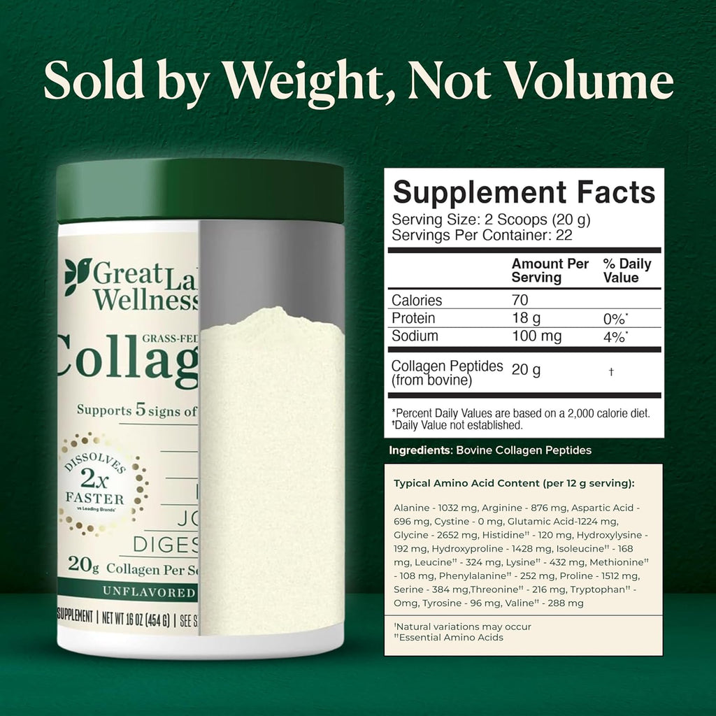 Great Lakes Wellness Collagen Peptides Powder – Supports Skin, Hair, Nails, Joints & Digestion – Hydrolyzed, Non-Gmo, Keto & Kosher – Pure Collagen Protein (16 Oz, 22 Servings) Packaging May Vary