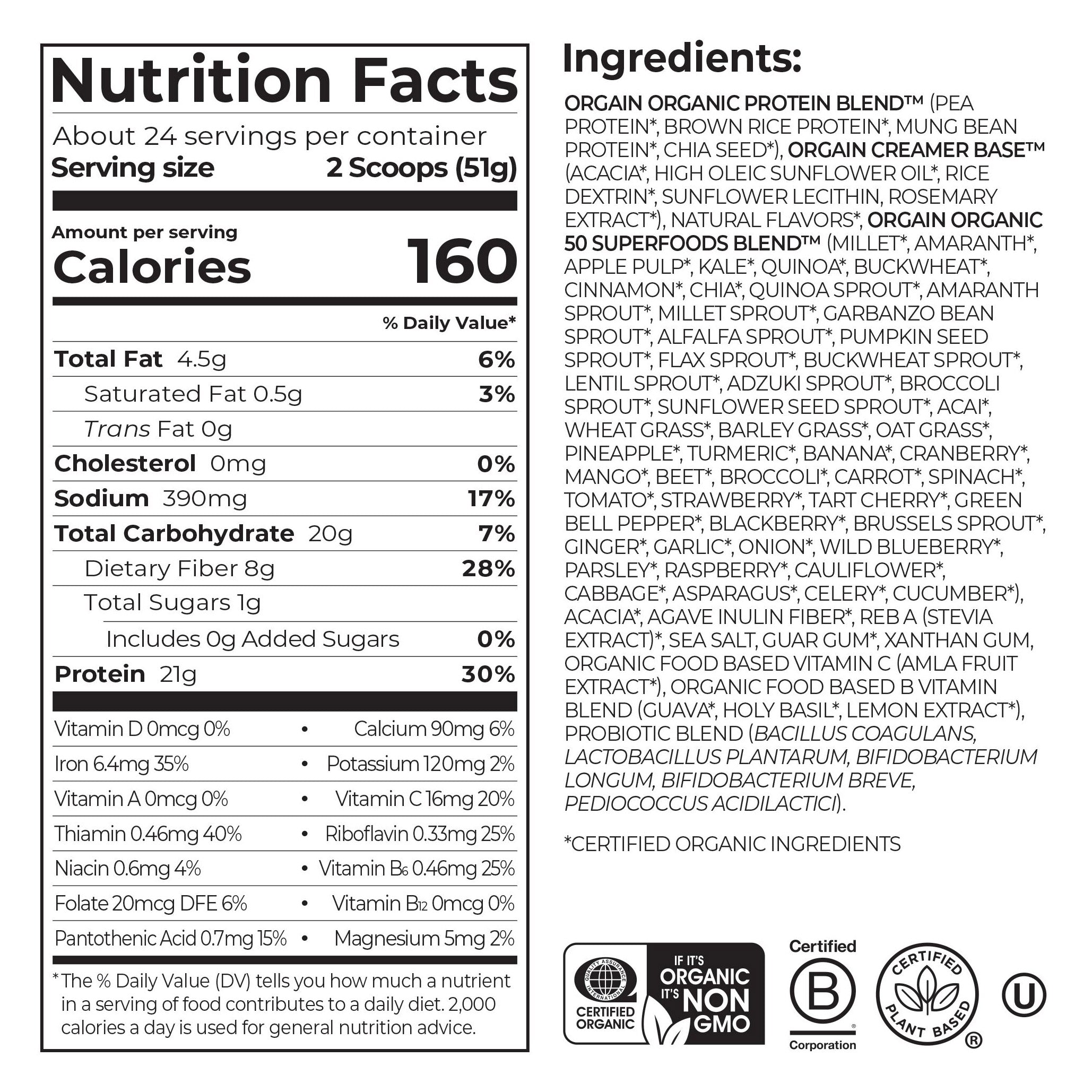 Orgain Organic Protein and Superfoods Plant Based Protein Powder, Vanilla Bean, 2.7 Lbs