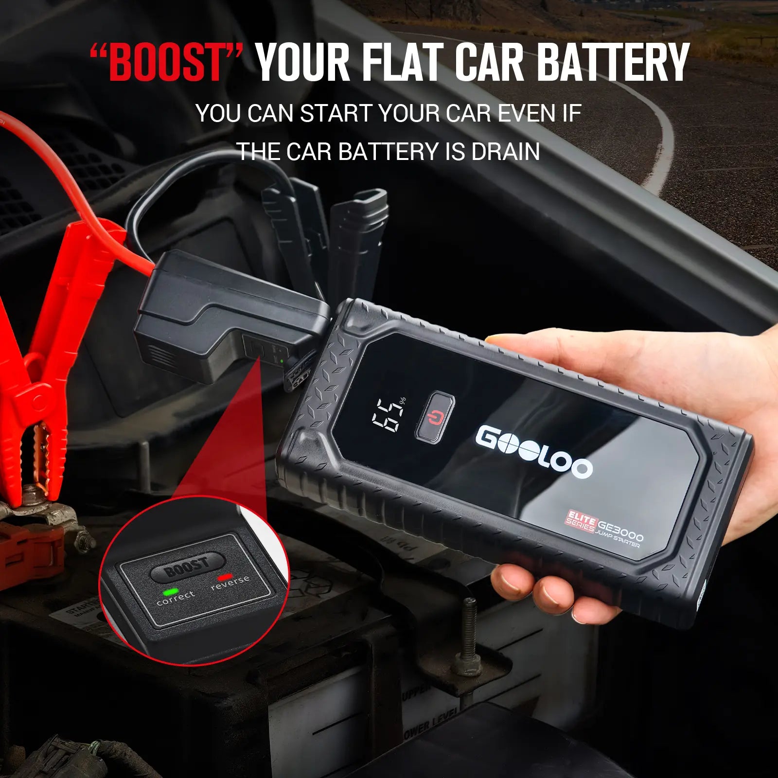 GOOLOO GE3000 Portable Car Jump Starter - 3000A Lithium Battery Booster for Gas Engines up to 8.5L and Diesel Engines up to 6L, Featuring Smart Charging Port and LED Light