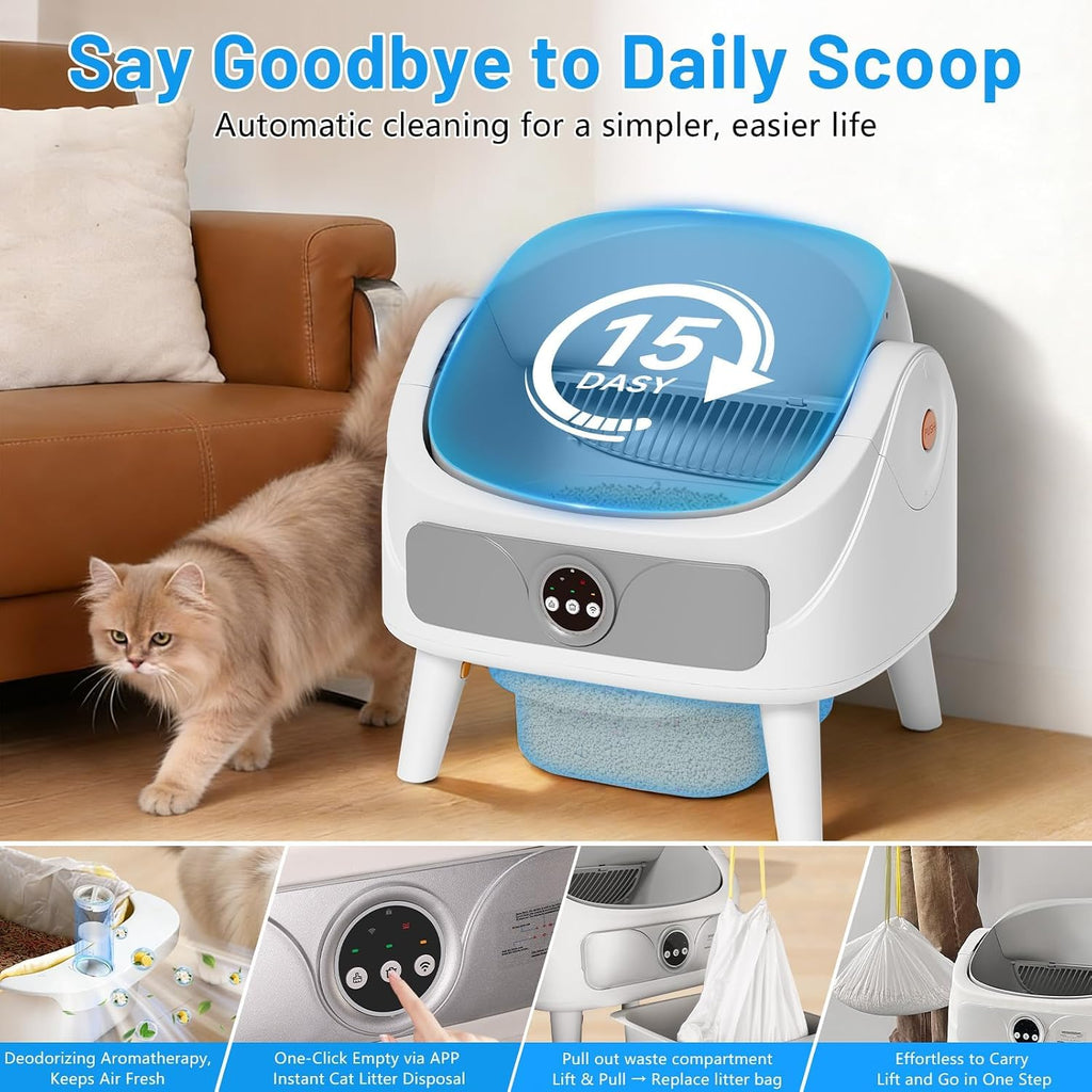 Self Cleaning Cat Litter Box, Open-Top Automatic Litter Box for Multiple Cats, Large Capacity Robot, APP Control, Safety Protection, 2 Rolls Litter Liners Bag, 1 Odor Eliminator, Cat Gift