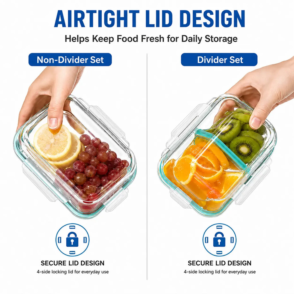 8-Piece Premium Glass Meal Prep Container Set with Dividers, Bpa-Free 4-Side Locking Lids, Stackable Food Storage Containers for Lunch, Leftovers and Refrigerator Organization Microwave Safe Oven Safe Dishwasher Safe
