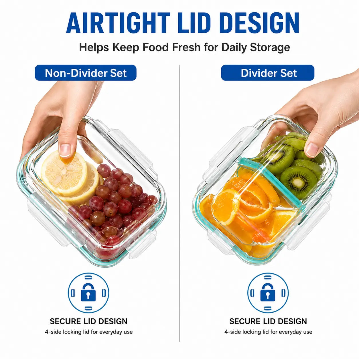8-Piece Premium Glass Meal Prep Container Set with Dividers, Bpa-Free 4-Side Locking Lids, Stackable Food Storage Containers for Lunch, Leftovers and Refrigerator Organization Microwave Safe Oven Safe Dishwasher Safe