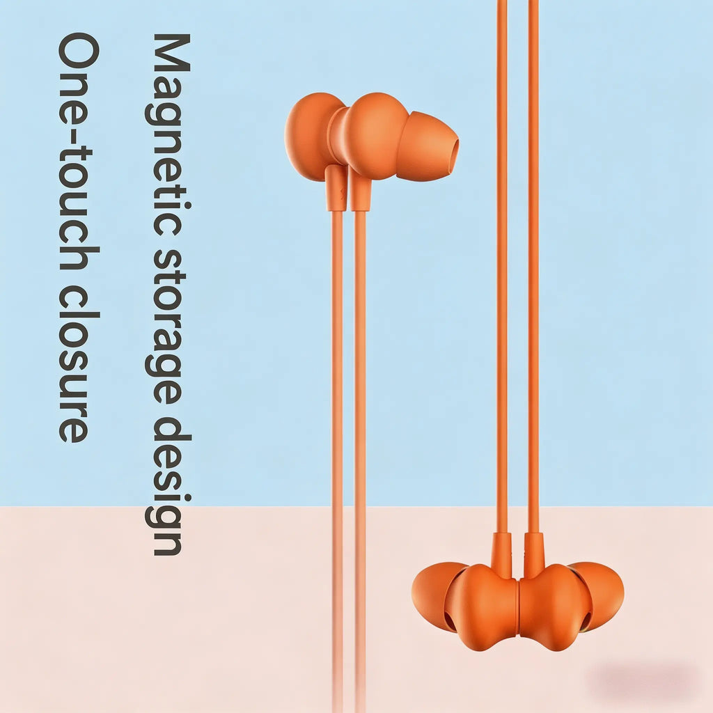 Orange Neckband Wireless Earbuds - IPX4 Sweatproof Silicone In-Ear Audio Headphones, Hi-Fi Sound, LED Battery Display, Magnetic Connection, Cable Management, ENC Noise Cancellation, Smart Voice Assistant for Sports & Hands-Free Calls, Electronic Headset,F
