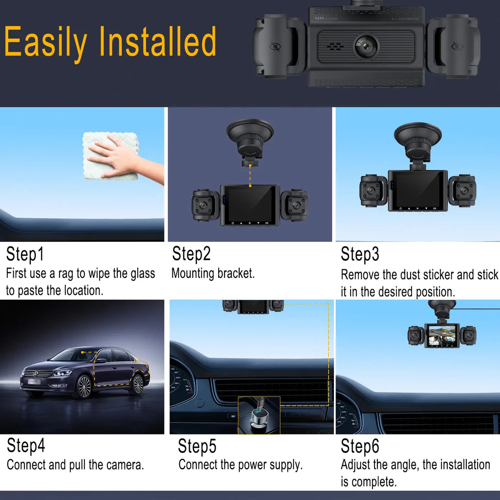 4-Channel 360° Dash Camera with 1080P Resolution, Night Vision, 24-Hour Parking Mode, and 64GB Memory Card - Front, Rear, and Interior Automotive Video Recorder