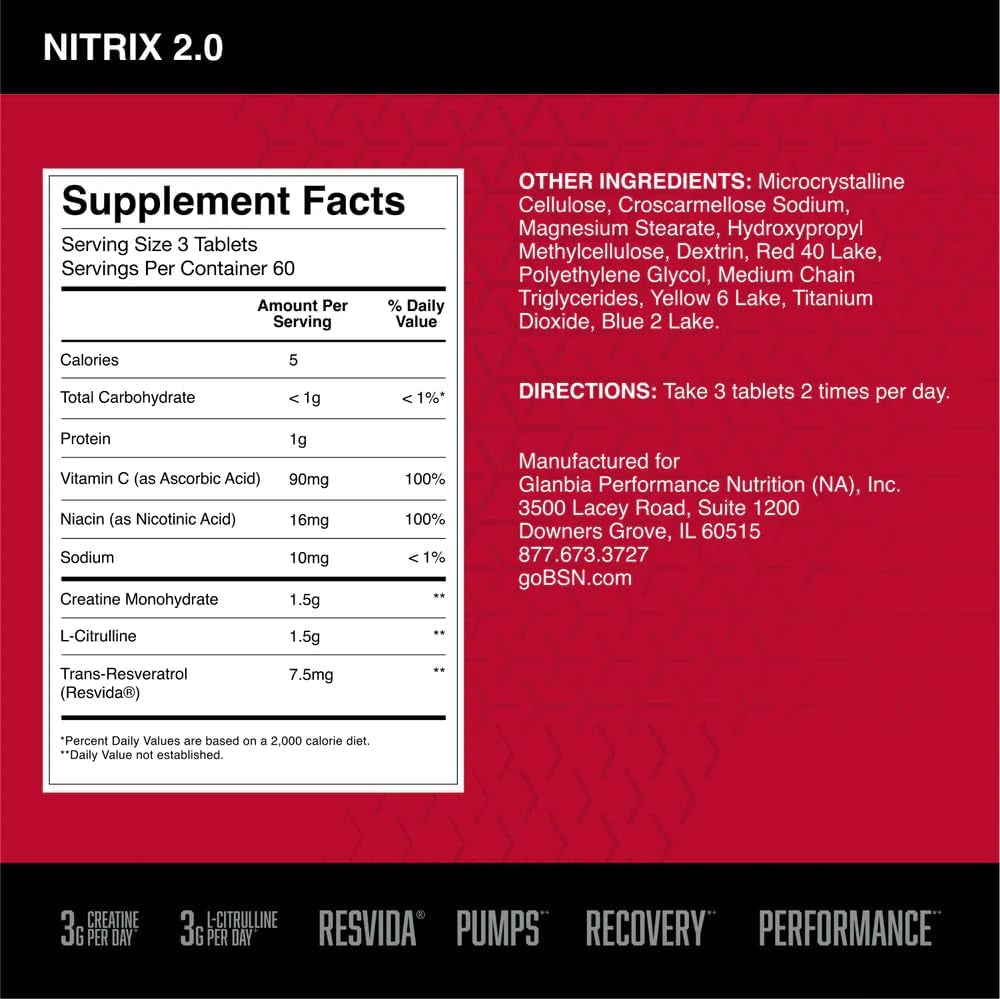 NITRIX 2.0, Workout Supplement, Nitric Oxide Precursors, 3G Creatine, 3G L Citrulline, L-Citrulline, Supports Workout Performance, Pumps, Muscle Recovery and Endurance, 180 Tablets, 60 Servings