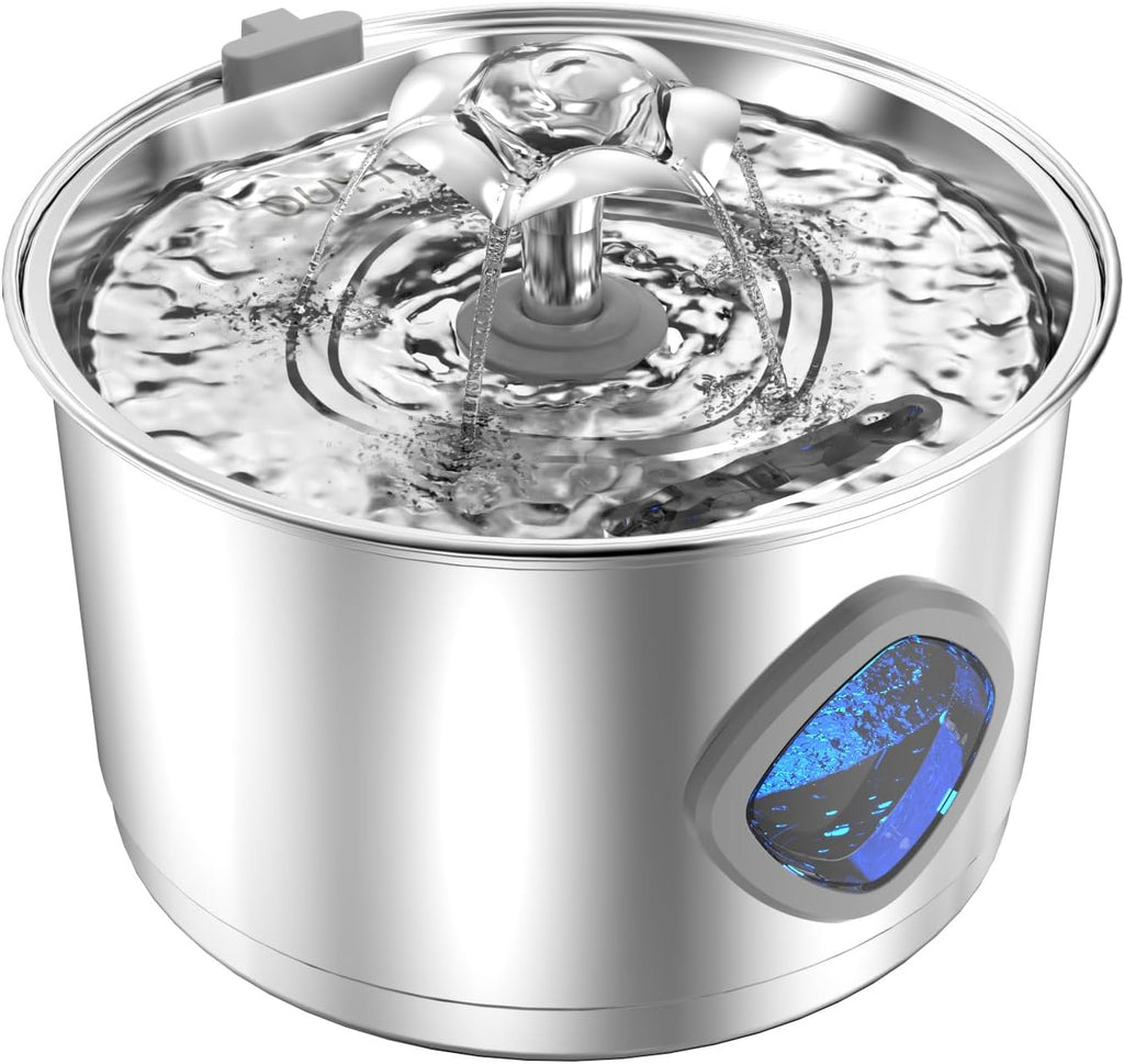 Stainless Steel Cat Fountain - 2.2L/74Oz Ultra-Quiet Drinking Automatic Pet Water Fountain with Replacement Filters Cat Water Fountain with LED Window for Cats and Small Dogs