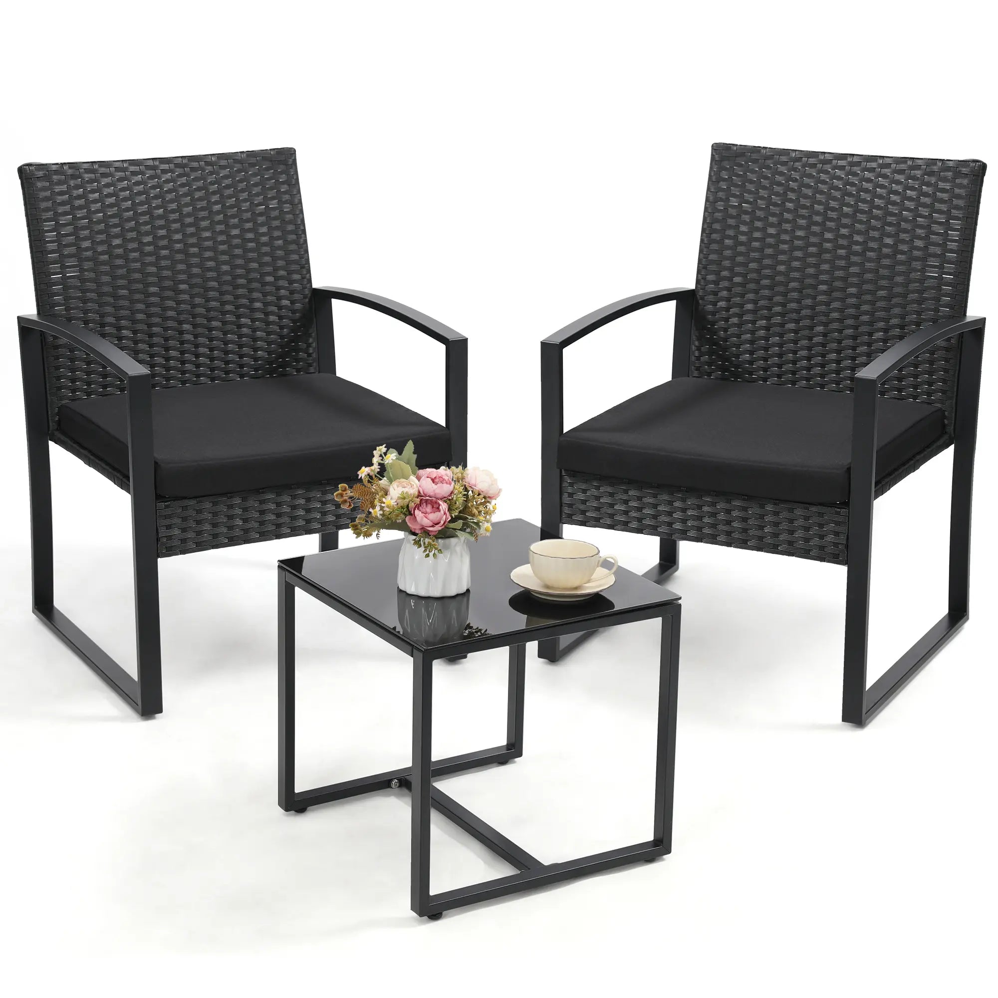 MURAGO 3-Piece Outdoor Furniture Set, Patio Bistro Set with Waterproof Wicker Chairs, Glass Table & Cushions for Garden, Balcony Clearance, Patio Furniture Set Summergarden