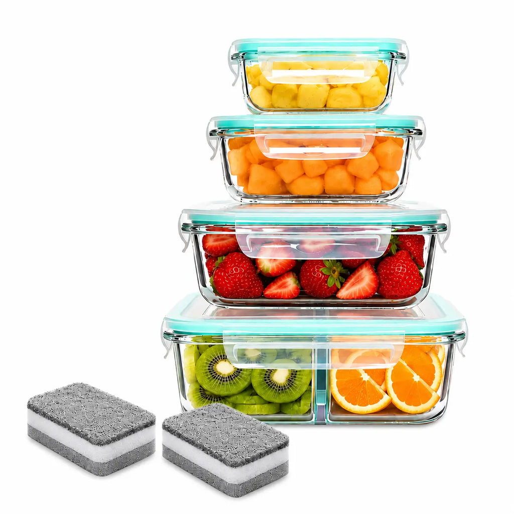8-Piece Premium Glass Meal Prep Container Set with Dividers, Bpa-Free 4-Side Locking Lids, Stackable Food Storage Containers for Lunch, Leftovers and Refrigerator Organization Microwave Safe Oven Safe Dishwasher Safe