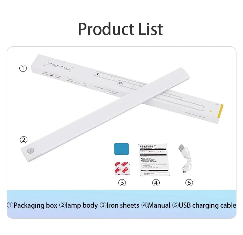LED Bar Light Motion Sensor USB Rechargeable Led Night Light for Kitchen Wardrobe Cabinet Lighting 12In/16 In/20In Cabinet Light