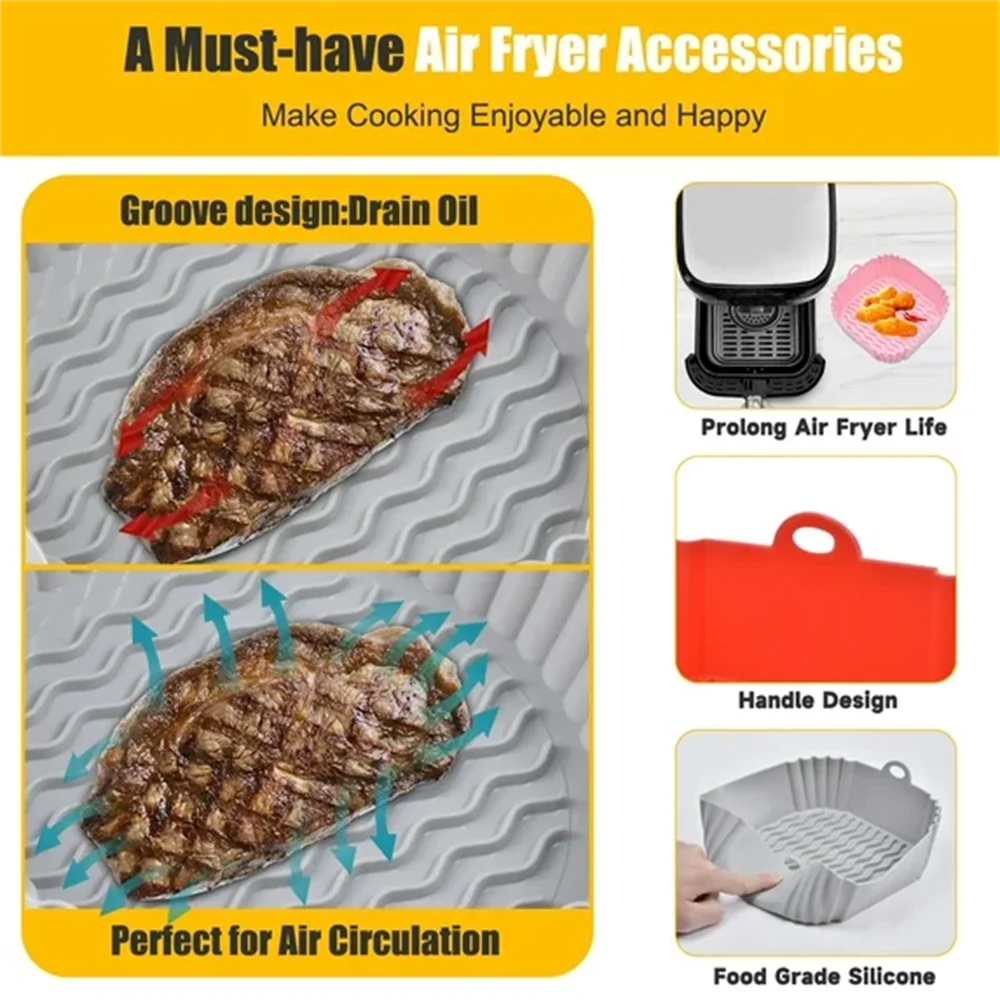 Silicone Air Fryer Liners, Replacement of Parchment Paper Liner - Reusable & Heat Resistant Air Fryer Silicone Baking Tray
