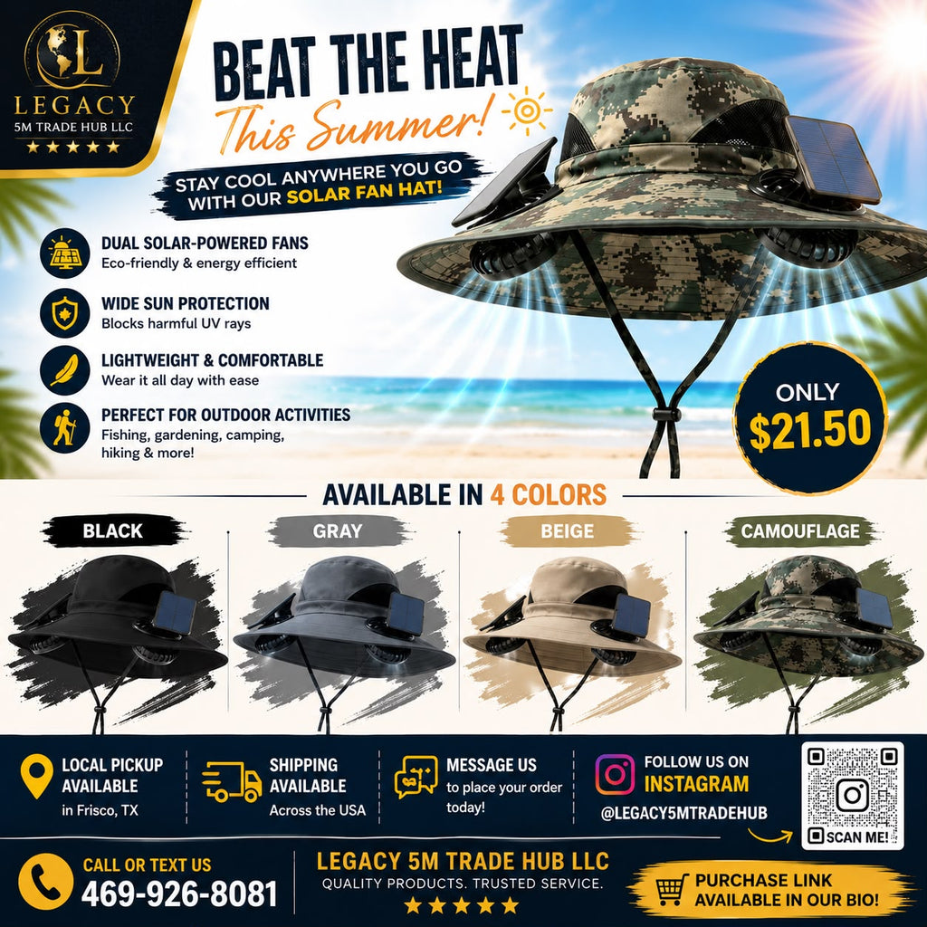 Solar Sun Hat with Dual Cooling Fans – USB Rechargeable UV Protection Hat- LEGACY 5M