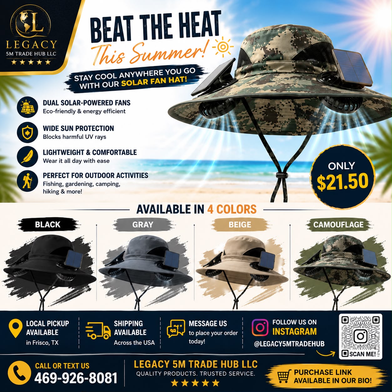 Solar Sun Hat with Dual Cooling Fans – USB Rechargeable UV Protection Hat- LEGACY 5M