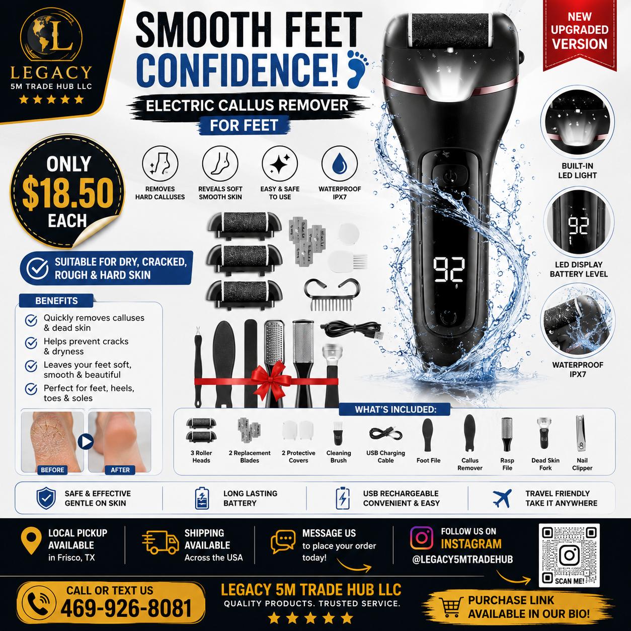 Electric Callus Remover for Feet – Rechargeable Waterproof Pedicure Machine with LED Display- LEGACY 5M