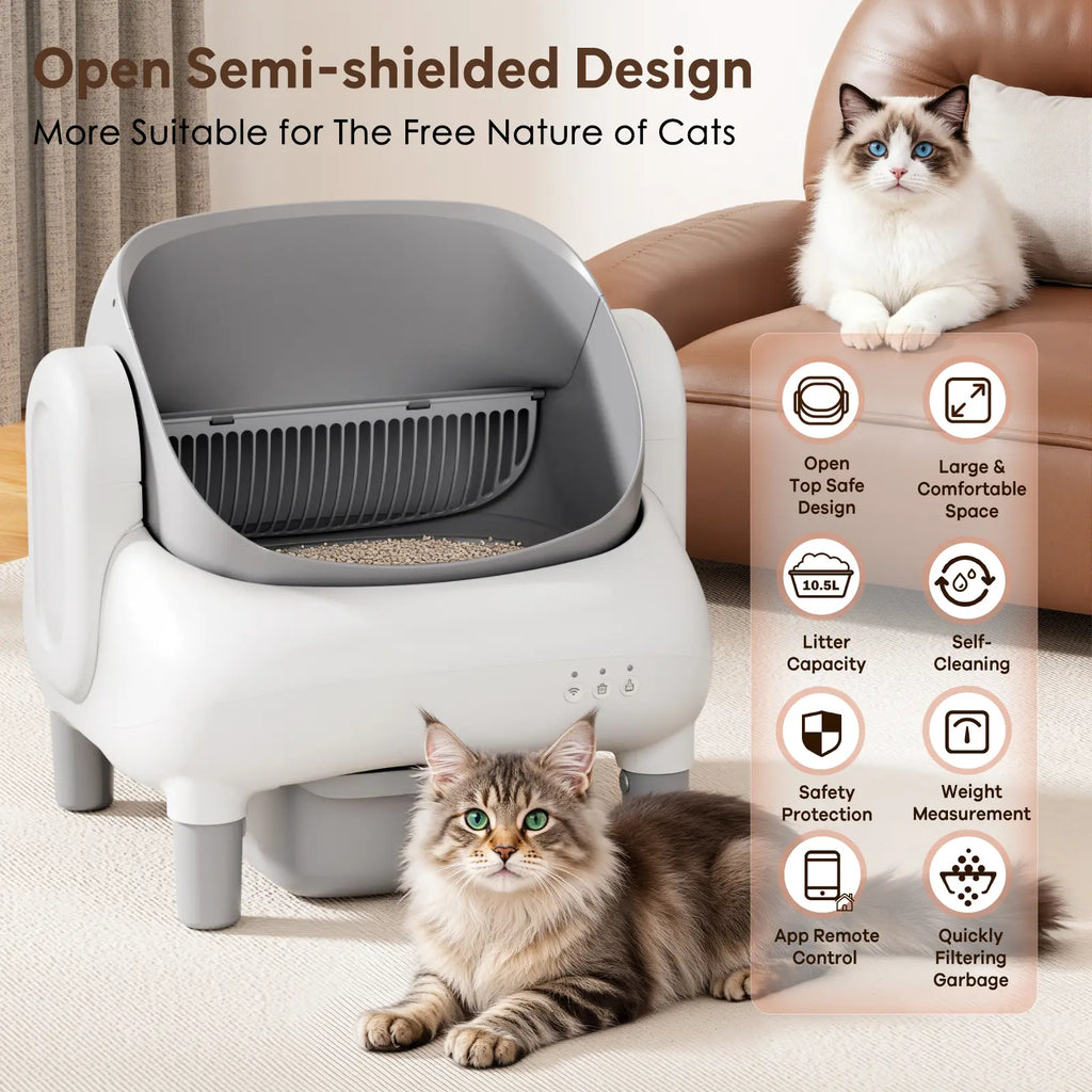 Automatic Litter Box for Multi-Cat Homes - Open-Top, APP Control, 2.4G Wifi Only, Safety Sensors, Odor Lock, 10.5L Large-Capacity Sealed Leak-Proof Waste Bin Self-Cleaning Cat Litter Tray