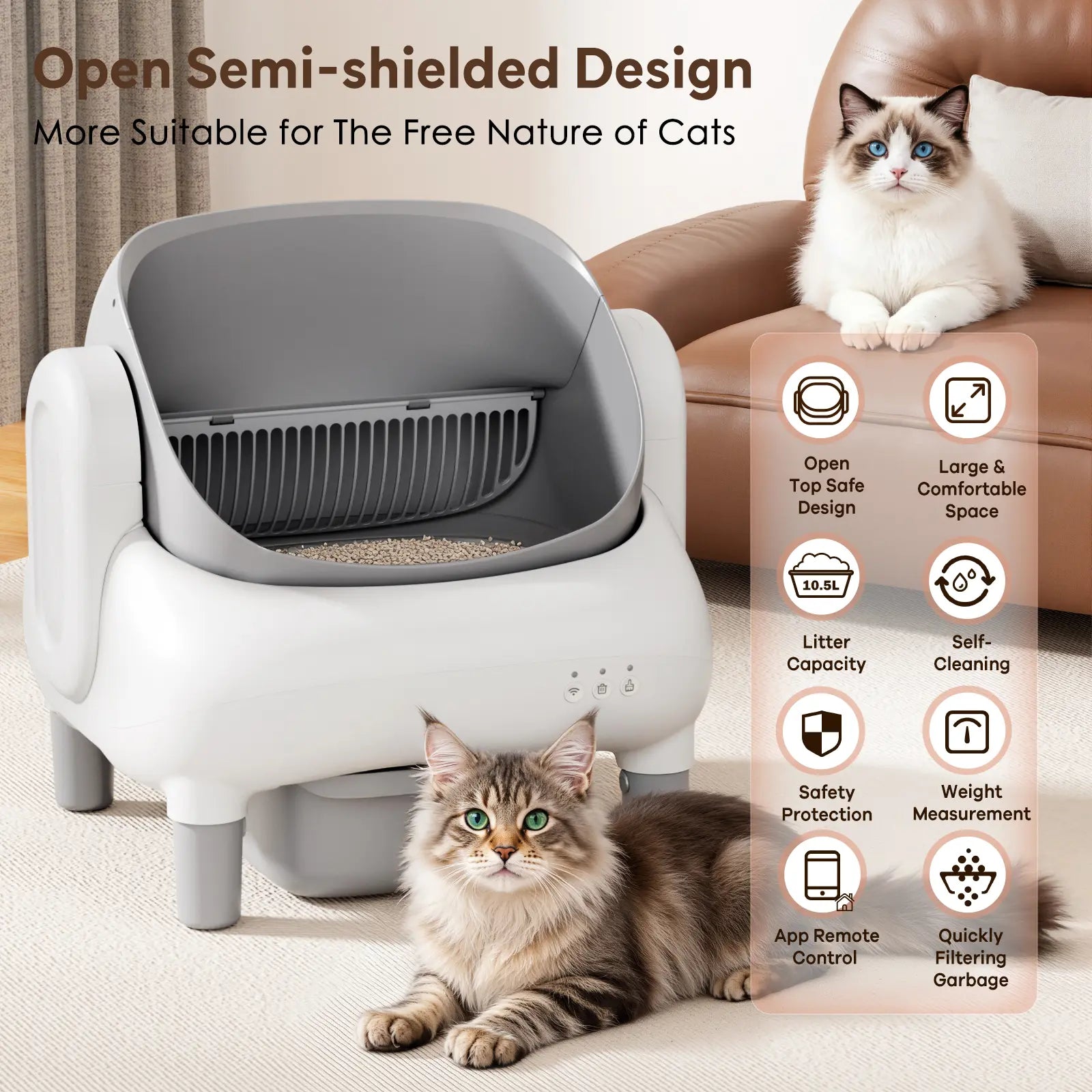 Automatic Litter Box for Multi-Cat Homes - Open-Top, APP Control, 2.4G Wifi Only, Safety Sensors, Odor Lock, 10.5L Large-Capacity Sealed Leak-Proof Waste Bin Self-Cleaning Cat Litter Tray