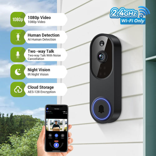 1080P Wireless Video Doorbell Camera, Outdoor Surveillance Cameras, FHD Live View, Cloud Storage, AI Human Detection, Instant Alert, Night Vision, Two Way Audio, 2.4G Wifi Only