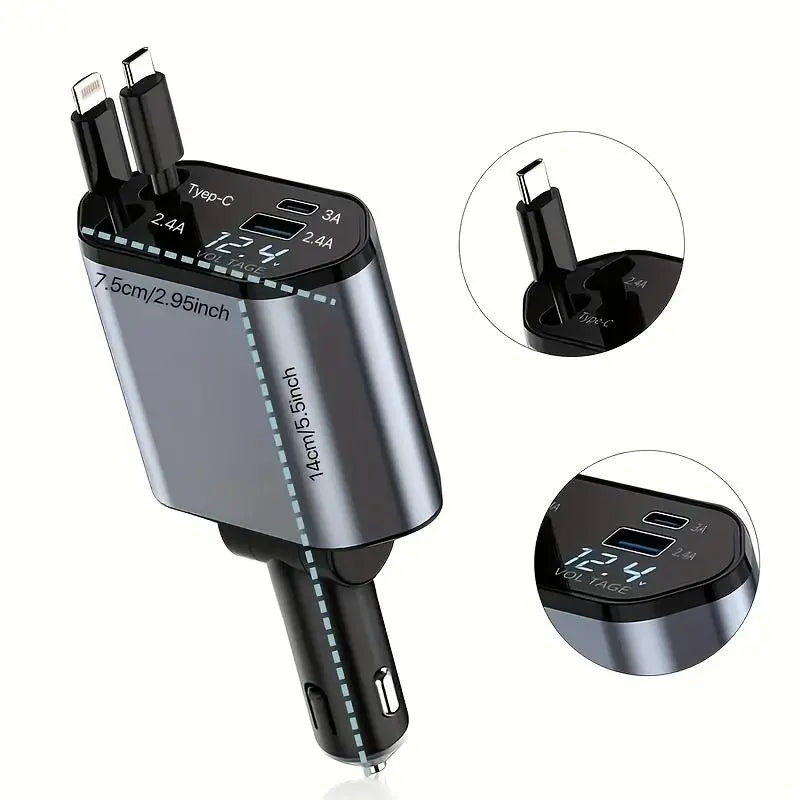 【Summer Survivals】Joytutus 2026 120W Retractable 4-In-1 Car Charging Cable & 4-Port Adapter for Iphone Galaxy Pixel Safe Reliable Car Plug Carcharger with Dual Type-C Cables and Ultra-Fast Charging for Laptops