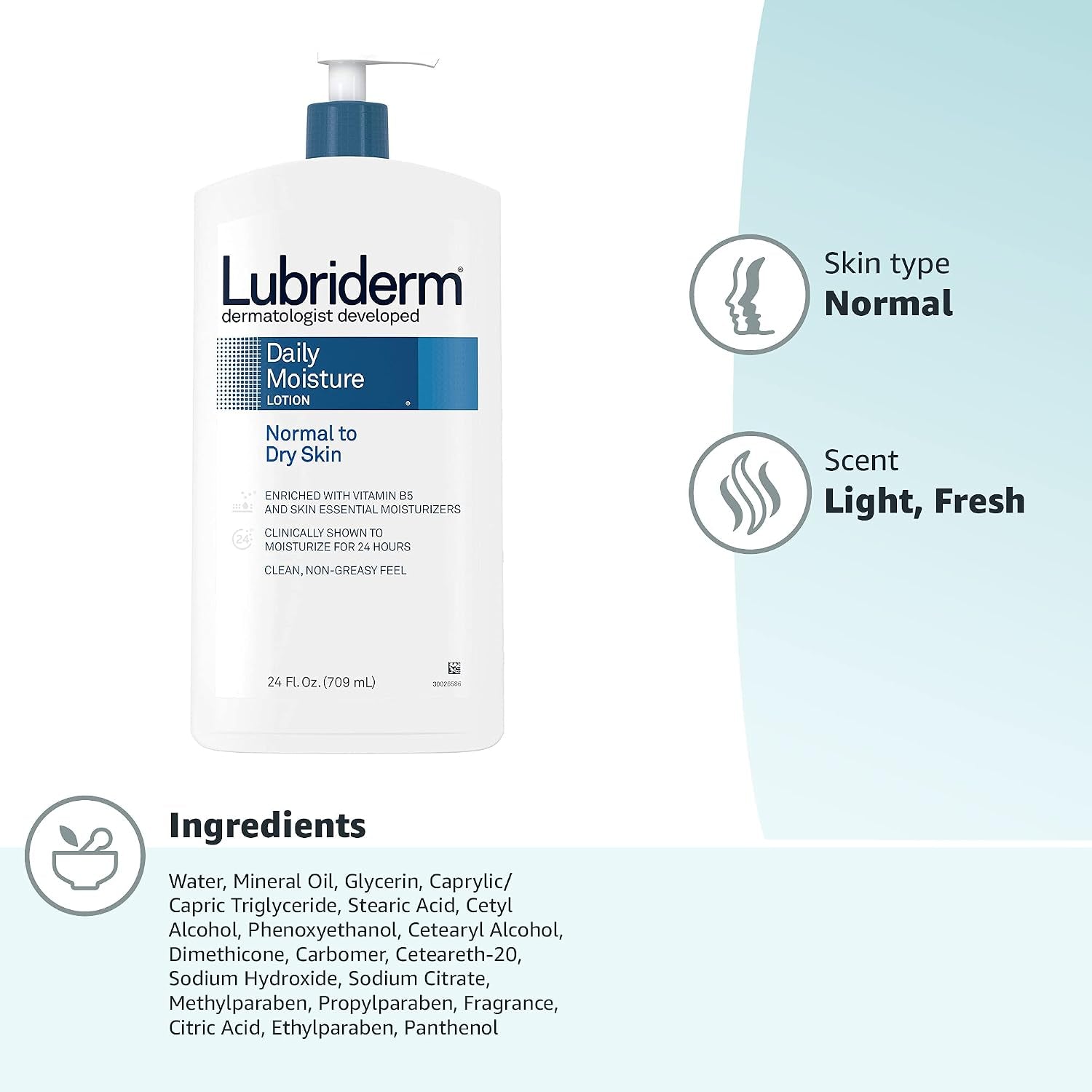 Lubriderm Daily Moisture Lotion + Pro-Ceramide, Shea Butter & Glycerin, Hydrating Face, Hand & Body Lotion, 24-Hour Moisturizer for Dry Skin, Paraben & Dye Free, Scented, Non-Greasy 24 FL OZ Pack of 3