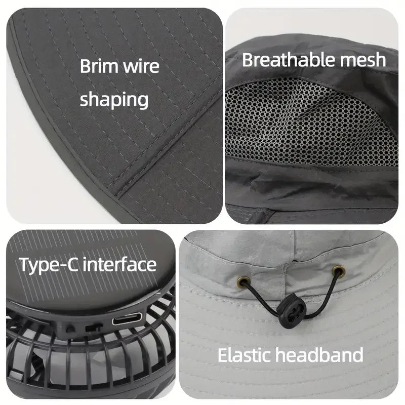 Outdoor Summer Sun Hat with 2 Fan Large Brim Windproof Strap Solar or USB Charging anti UV Sun Fishing Cap