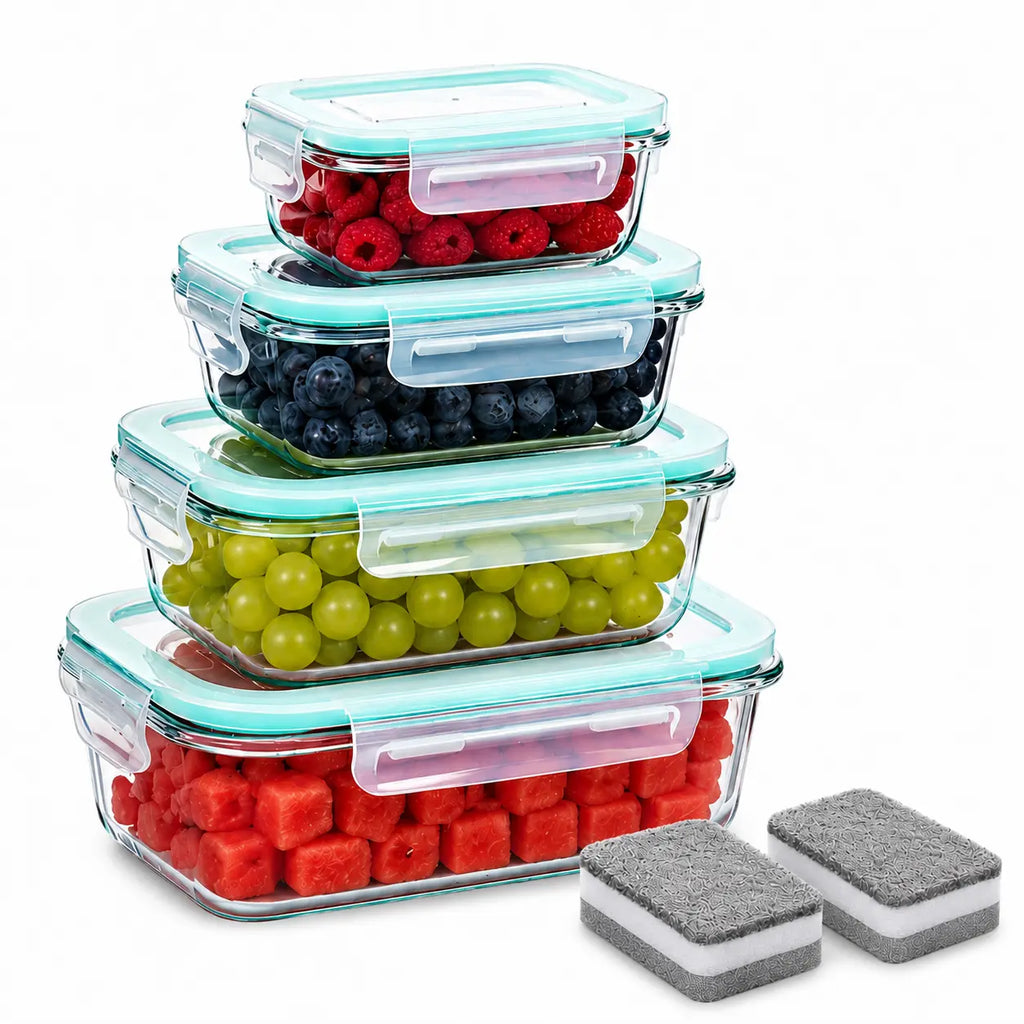 8-Piece Premium Glass Meal Prep Container Set with Dividers, Bpa-Free 4-Side Locking Lids, Stackable Food Storage Containers for Lunch, Leftovers and Refrigerator Organization Microwave Safe Oven Safe Dishwasher Safe