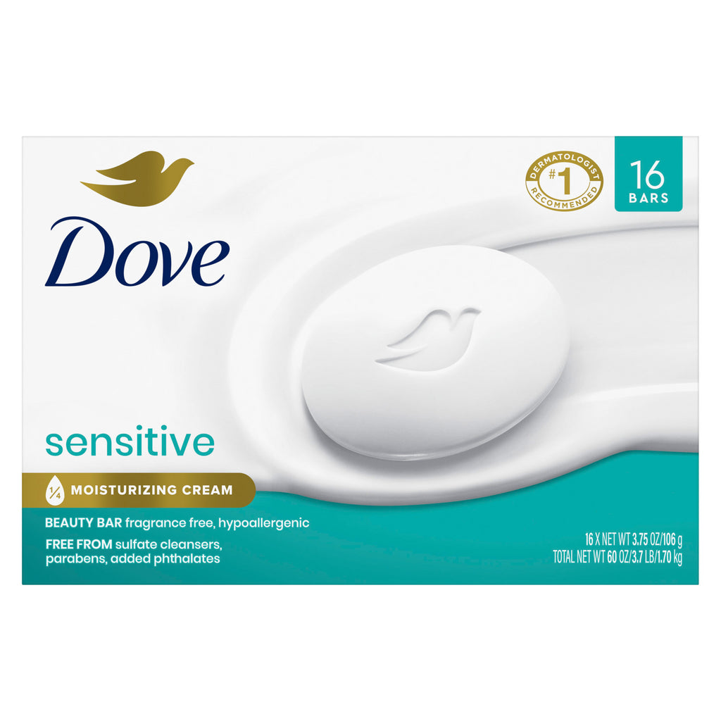 Dove Moisturizing Beauty Bar Soap Sensitive Skin, 3.75 Oz, 16 Bars
