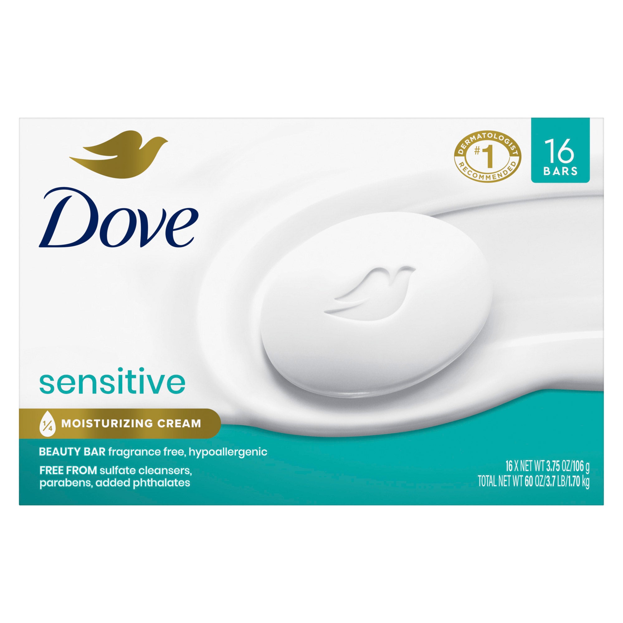 Dove Moisturizing Beauty Bar Soap Sensitive Skin, 3.75 Oz, 16 Bars