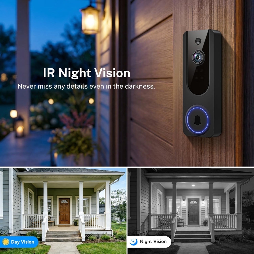 1080P Video Doorbell Camera Wireless, Battery Powered, Night Vision, 2-Way Audio, Smart AI Human Detection, Cloud Storage, Home Security Doorbell