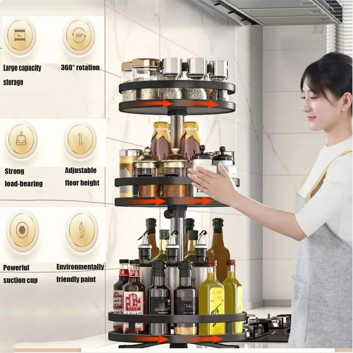 360° Rotation Carbon Steel Spice Rack Organizer Non-Skid Kitchen Storage Tray for Seasonings and Cans - Efficient Spice