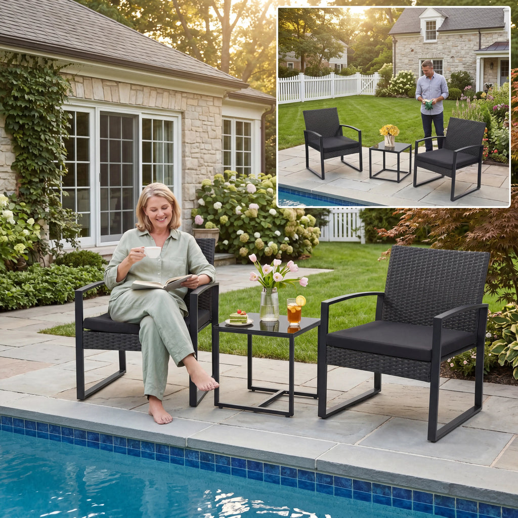 MURAGO 3-Piece Outdoor Furniture Set, Patio Bistro Set with Waterproof Wicker Chairs, Glass Table & Cushions for Garden, Balcony Clearance, Patio Furniture Set Summergarden
