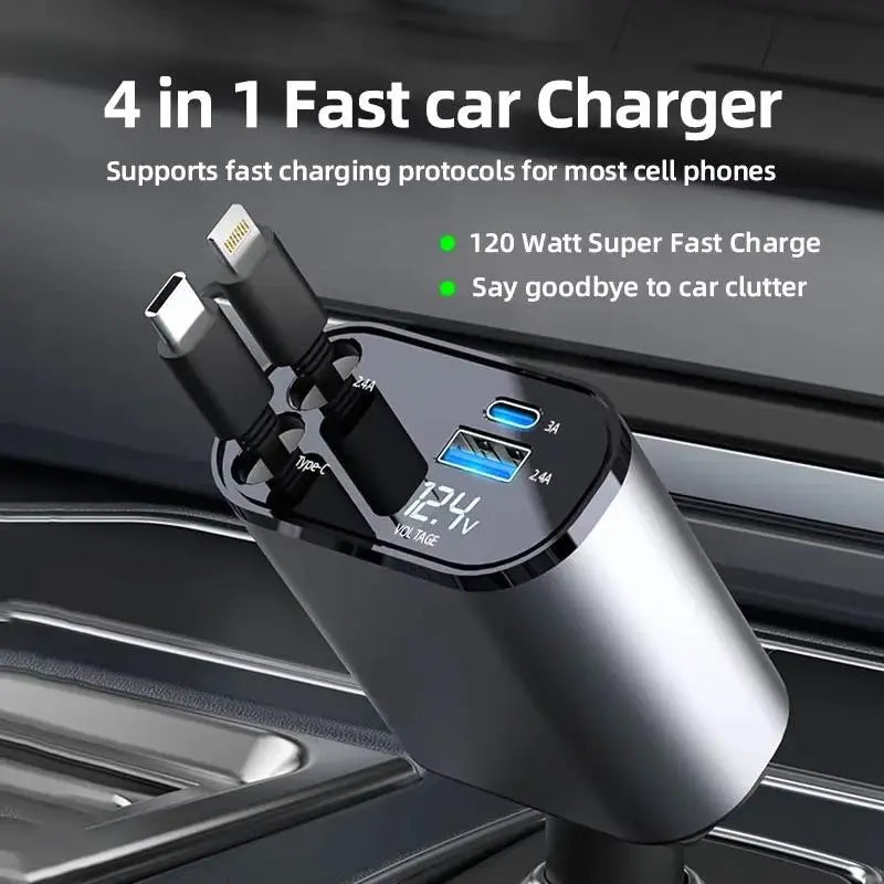 【Summer Survivals】Joytutus 2026 120W Retractable 4-In-1 Car Charging Cable & 4-Port Adapter for Iphone Galaxy Pixel Safe Reliable Car Plug Carcharger with Dual Type-C Cables and Ultra-Fast Charging for Laptops
