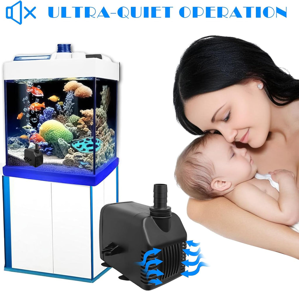 Pump 800GPH Ultra Quiet with Dry Burning Protection 8.8Ft High Lift for Fountains, Hydroponics, Ponds, Aquariums (800GPH,24W)