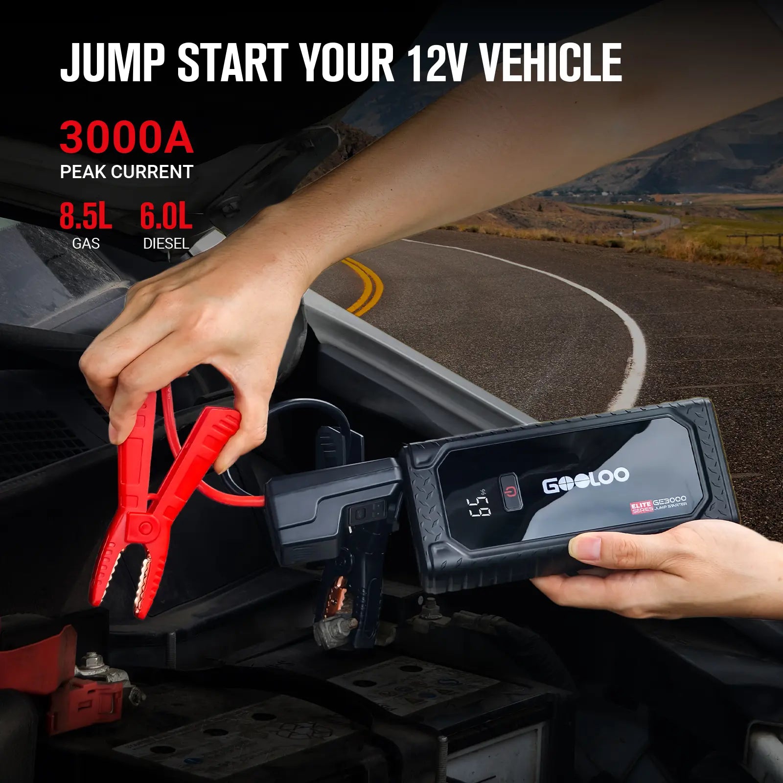 GOOLOO GE3000 Portable Car Jump Starter - 3000A Lithium Battery Booster for Gas Engines up to 8.5L and Diesel Engines up to 6L, Featuring Smart Charging Port and LED Light