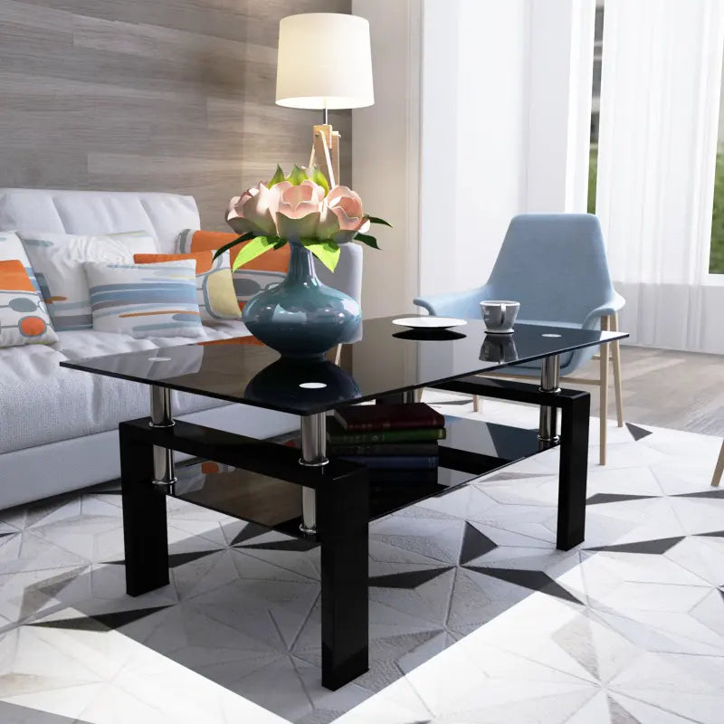 【Bellemave】Rectangle Black Glass Coffee Table, Clear Coffee Table,Modern Side Center Tables for Living Room,Living Room Furniture