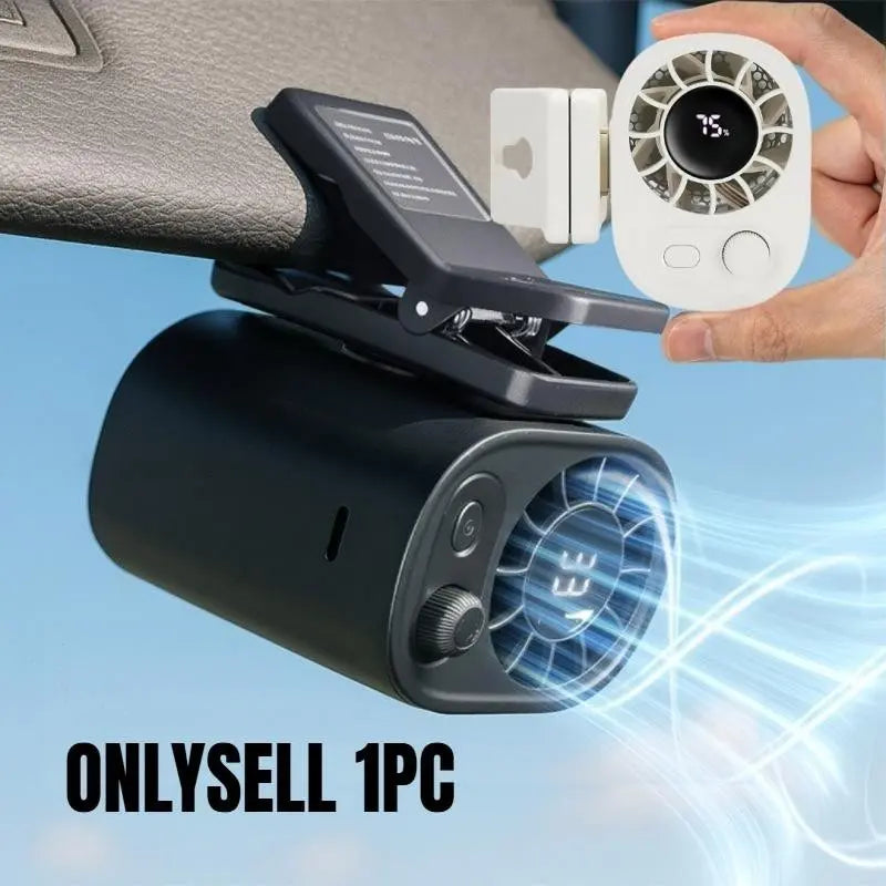 Car Clip-On Fan with LED Display, 360° Rotation, Stepless Speed Adjustment, USB Rechargeable 1800Mah Battery, Personal Portable Cooling Fan, Button Control