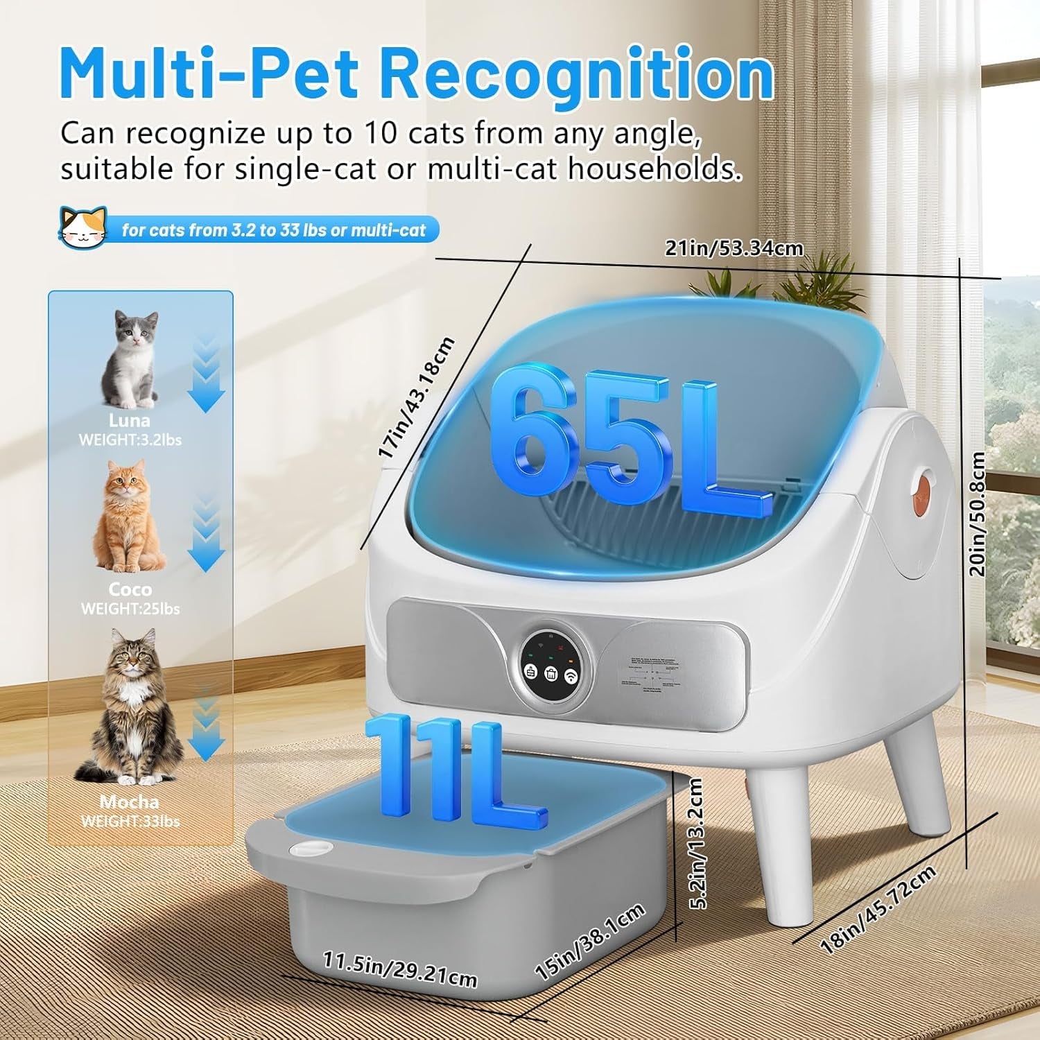 Self Cleaning Cat Litter Box, Open-Top Automatic Litter Box for Multiple Cats, Large Capacity Robot, APP Control, Safety Protection, 2 Rolls Litter Liners Bag, 1 Odor Eliminator, Cat Gift