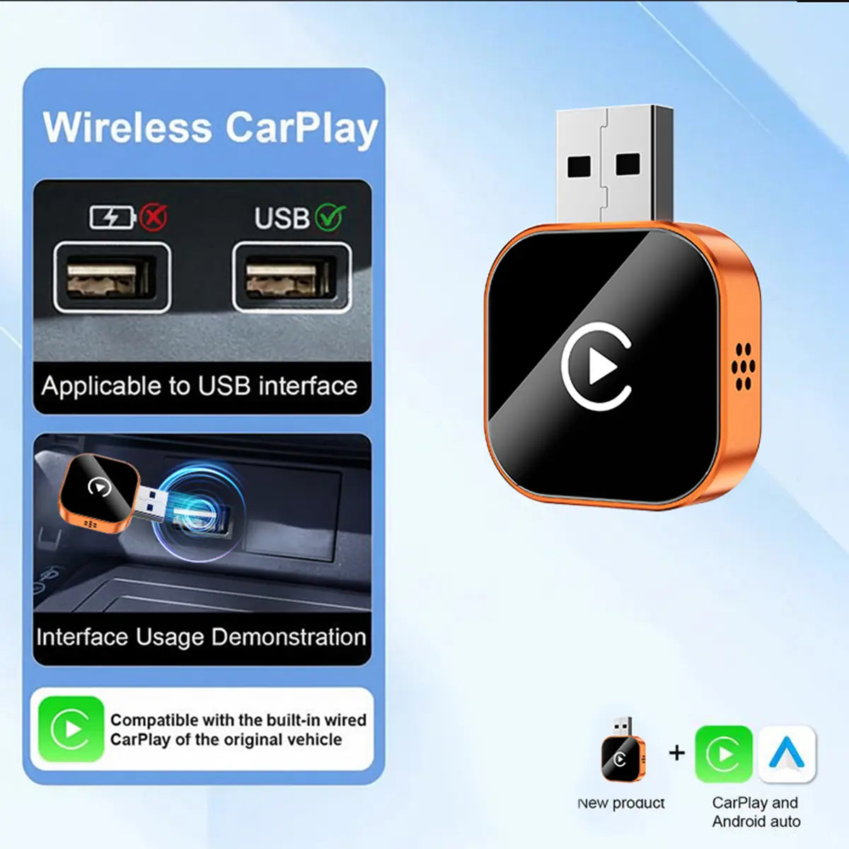 【Yurnlv】 New 2026 Carplay Wireless Carplay Adapter for Iphone/Android, Orange, Hands-Free Calls, Wireless Adapter, Electronic Charger, Carplay Adapter