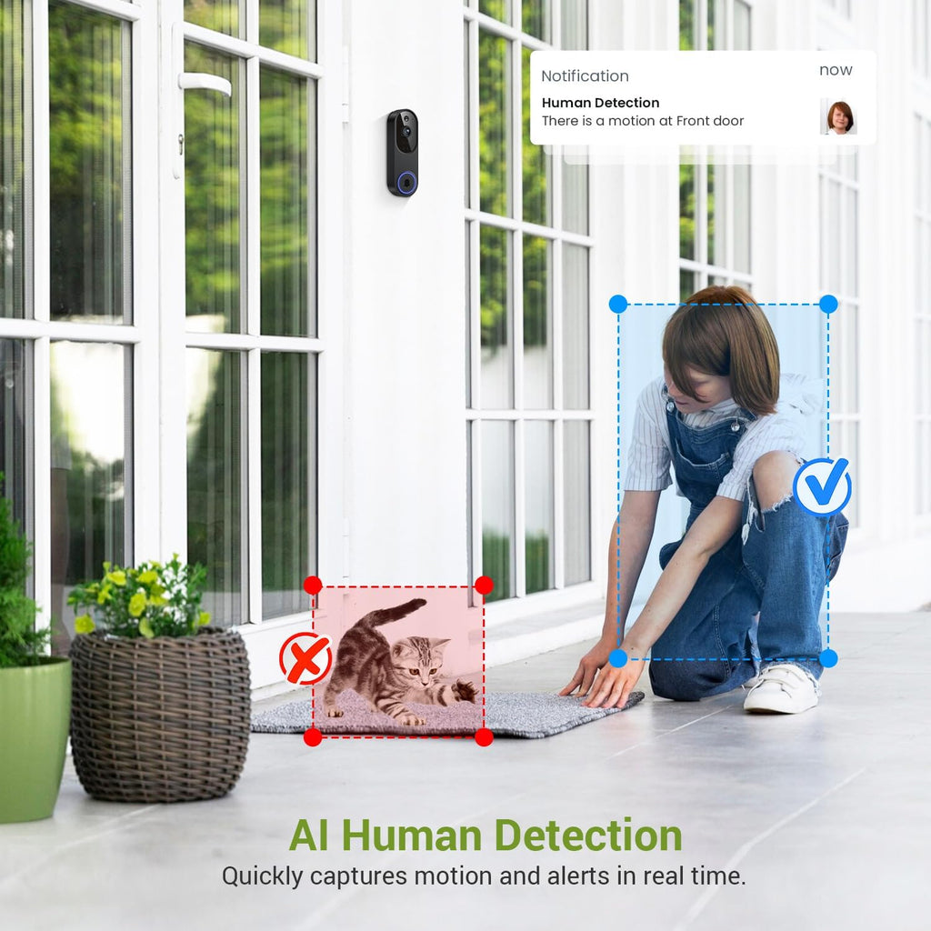 1080P Wireless Video Doorbell Camera, Outdoor Surveillance Cameras, FHD Live View, Cloud Storage, AI Human Detection, Instant Alert, Night Vision, Two Way Audio, 2.4G Wifi Only