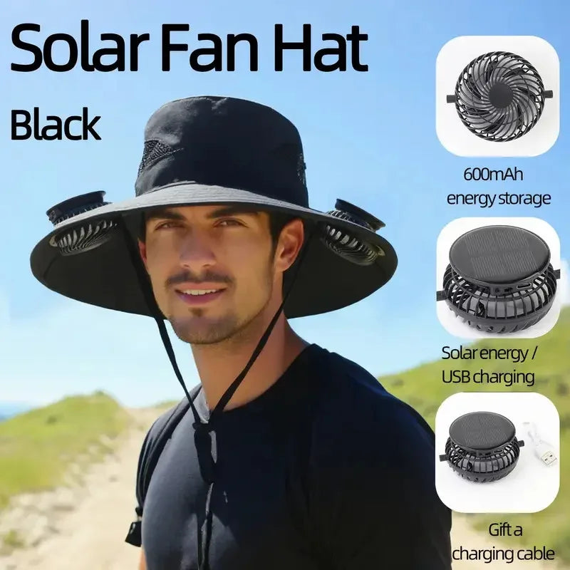 Outdoor Summer Sun Hat with 2 Fan Large Brim Windproof Strap Solar or USB Charging anti UV Sun Fishing Cap