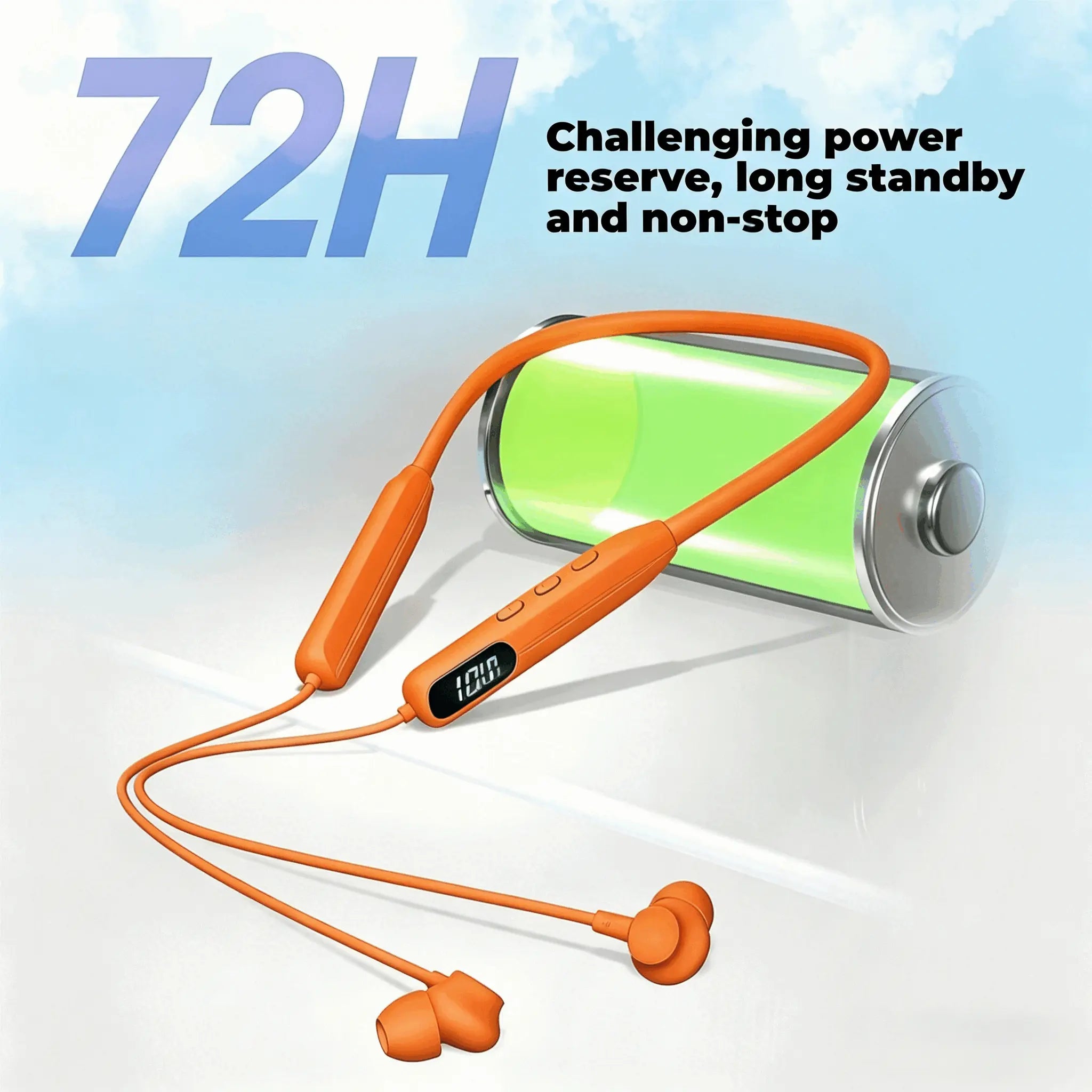 Orange Neckband Wireless Earbuds - IPX4 Sweatproof Silicone In-Ear Audio Headphones, Hi-Fi Sound, LED Battery Display, Magnetic Connection, Cable Management, ENC Noise Cancellation, Smart Voice Assistant for Sports & Hands-Free Calls, Electronic Headset,F